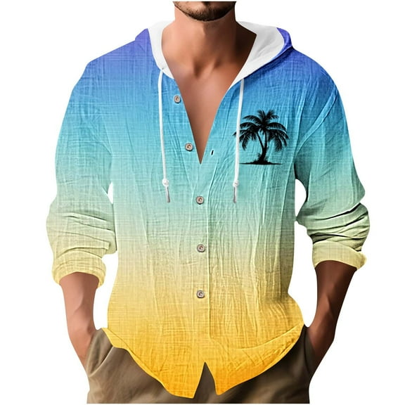 Mens Bamboo Linen Blosues Lace-Up Adjustable Hoodies Front Button Long-Sleeved Tops Hawaii Beach Blosue Shirts Ultra Soft Loose Fit Textured Top Workout Running Golf Outfits