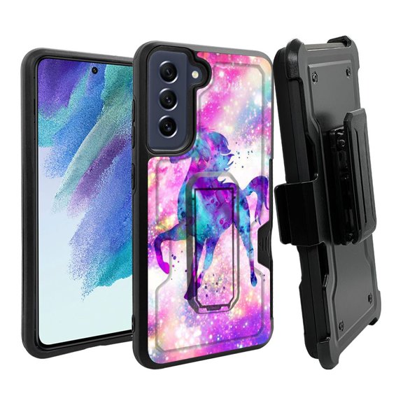 ANJ  Rugged Dual Layer Hybrid Holster Kickstand Case w/ Card Slot   Tempered Glass Cover for Samsung Galaxy S21 FE 5G - Dream Unicorn