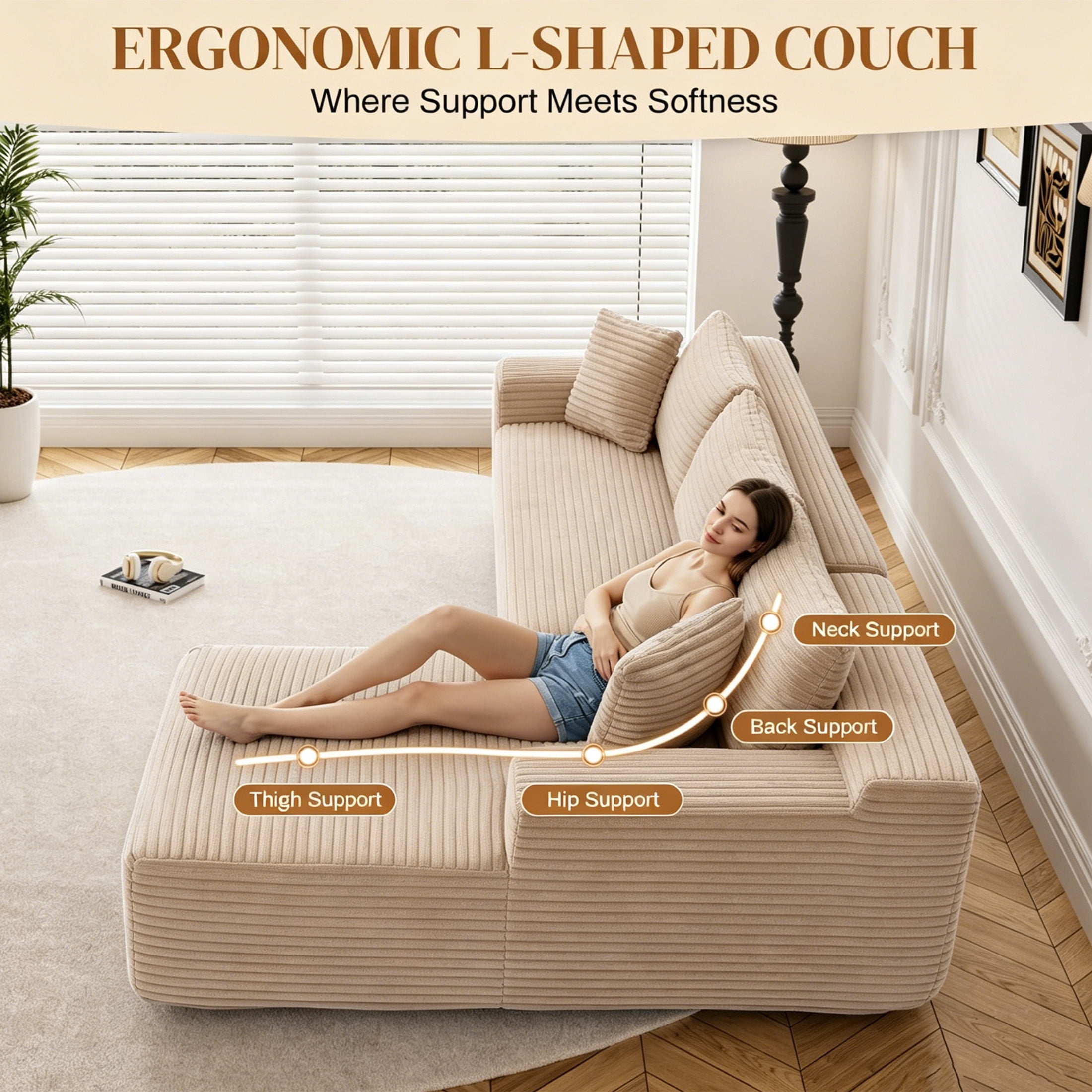 Aukfa 96" Cloud Sectional Sofa Deep Seat Boneless Couch Modular L-Shaped Couch, Right Chaise Corduroy Sofa for Living Room, Camel