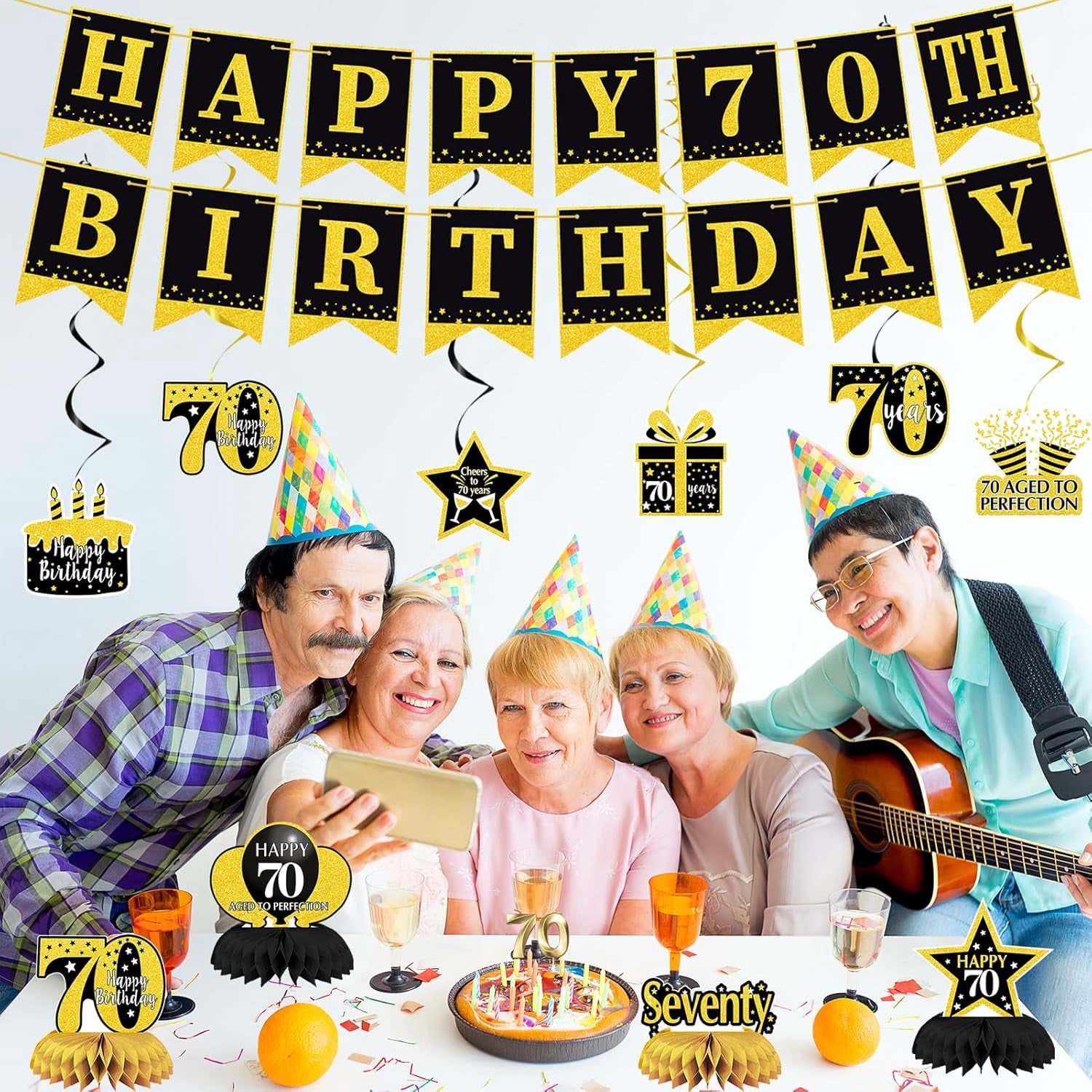 70th Birthday Decorations for Men Women, 22pcs Black Gold Birthday Party Supplies, Banner, Hanging Swirl Flag, 70th Sash&Pompoms, Balloons, 70 Year Old Party Decorations Set