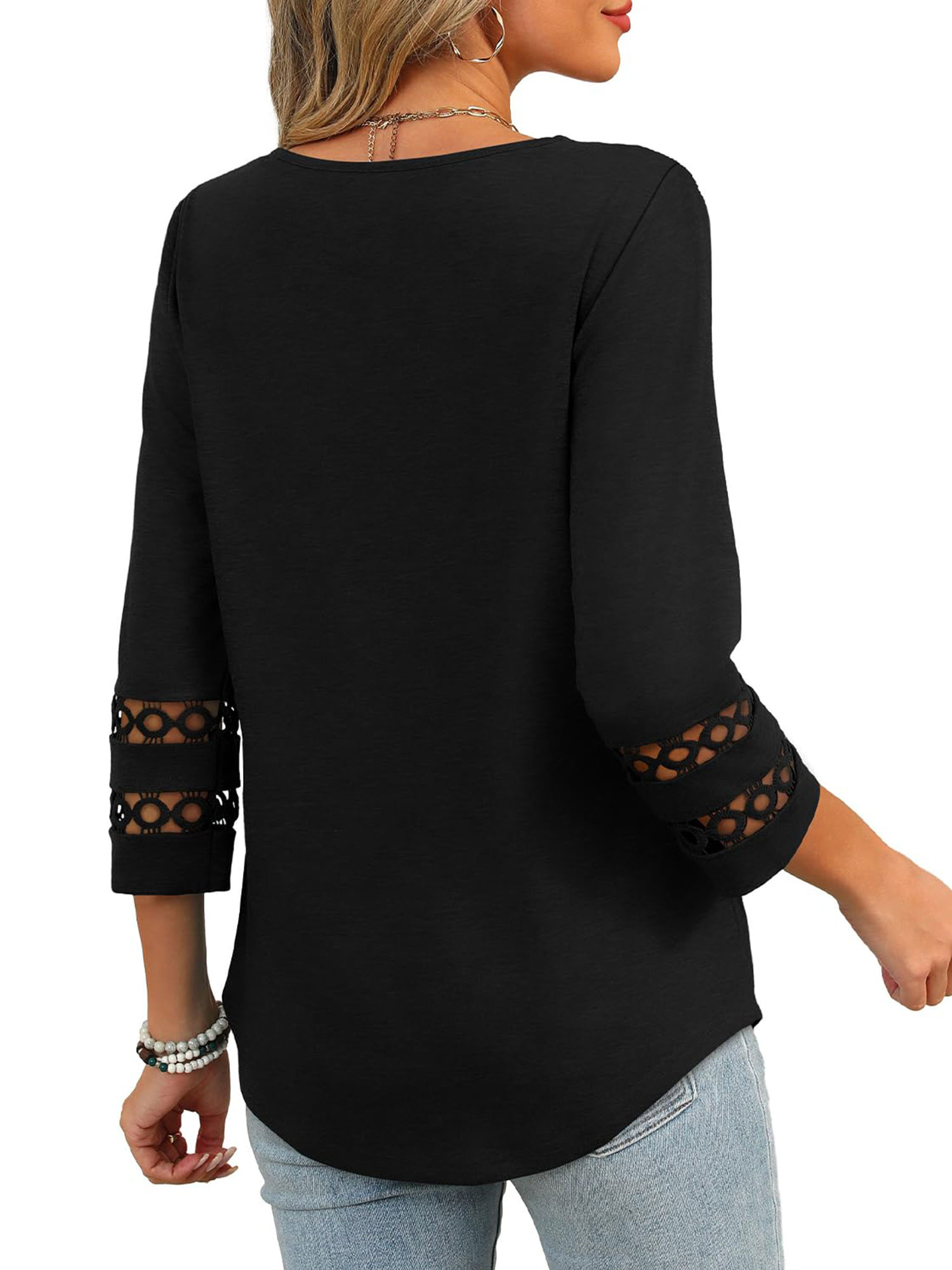 Poentab Women's 3/4 Sleeve V-Neck Blouse with Lace Details photo 2
