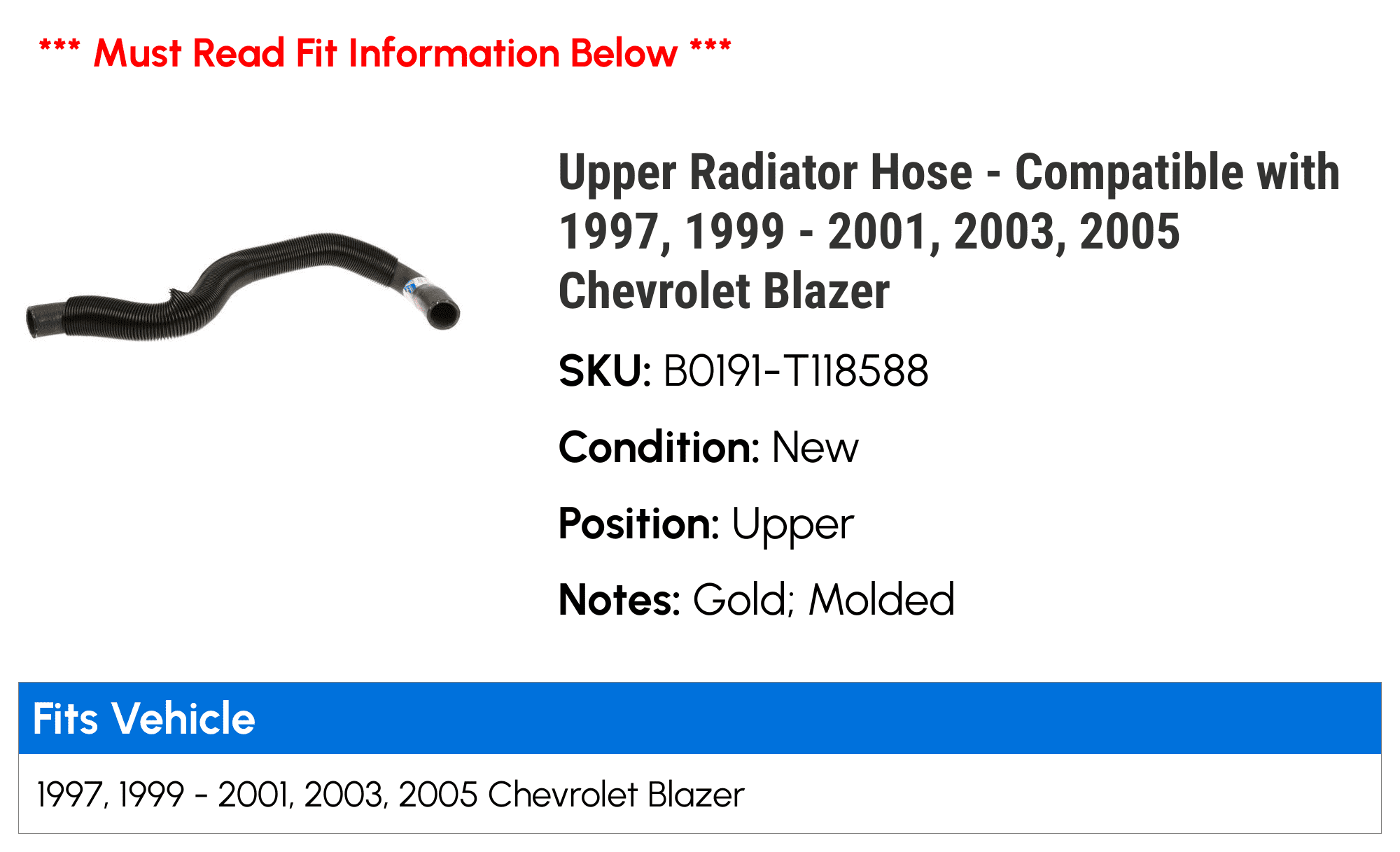 Upper Radiator Hose - Compatible with 1997, 1999 - 2001, 2003, 2005 Chevrolet Blazer - AC Delco