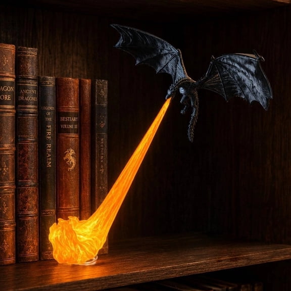 Fire Breathing Dragon Bookshelf Decor Lamp 3D Flame Book Nook Light | Fantasy Flying Design Printed Sculpture Book Lover Gift Halloween Shelf Display Reading Room Collection