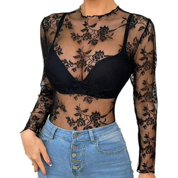 URTERYSER Long Sleeve Mock Neck Floral Lace Top 90s Solid Color Fitted T-Shirt for Women Party Club Night Sheer Mesh Blouse Black