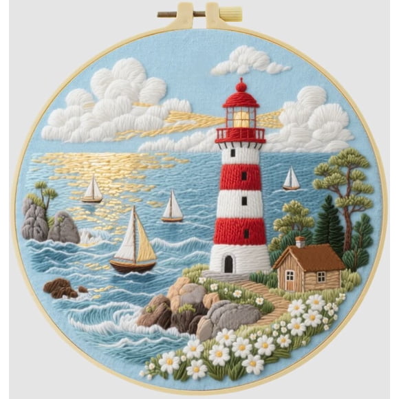 Kits de punto de cruz para principiantes | Faro en la isla (20 cm con marco)