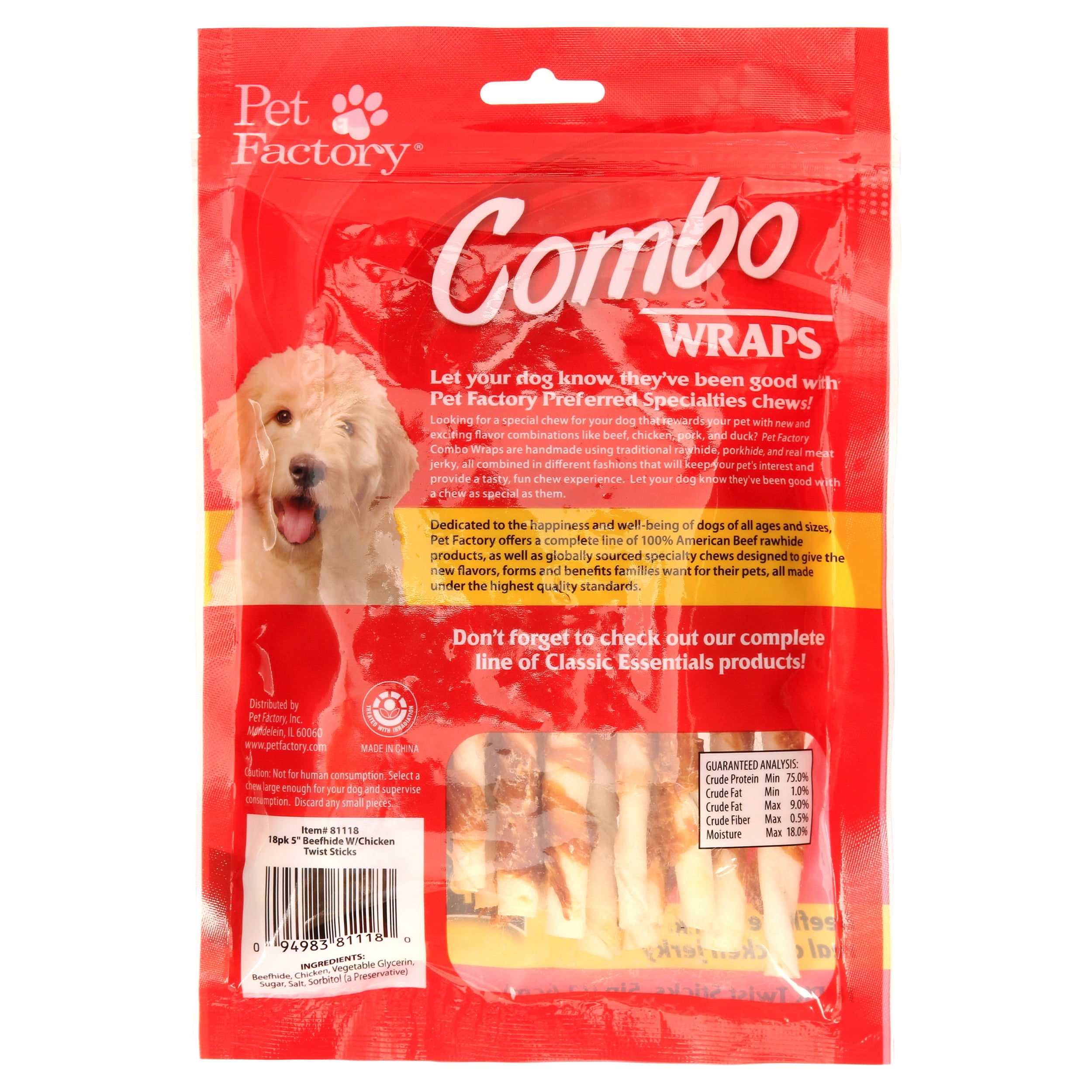 Pet Factory Combo Wraps Beefhide Wrapped with Real Chicken Jerky Dog Chews, 5" (18 Count)