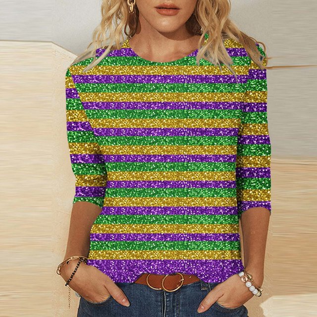 Penkiiy Blouse Carnaval pour Femmes Mardi Gras Mode Imprimée Décontractée Col Rond Manches 3/4 T-shirt Blouse L Multicolore
