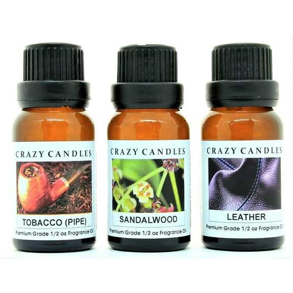 Crazy Candles 3 Bottles Set, Leather, Sandalwood, Tobacco (Pipe) 1/2 Fl Oz Each (15ml) Premium Grade Scented Fragrance Oils