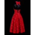 thumbnail image 6 of Red Halter Neck Deep V-Neck Backless Bowknot Floral Jacquard Fit & Flare Dress, 6 of 8