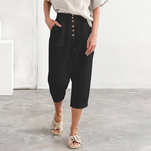 Pantalon Court en Lin pour Femmes - Mode Féminine Couleur Unie Confortable Décontracté avec Poches en Coton et Lin Capris Noir 5TG