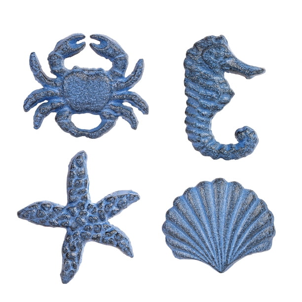 Sungmor Tiradores de Cajón de Hierro Fundido Náutico - Cangrejos, Estrella de Mar, Caballito de Mar y Perillas de Gabinete con Forma de Concha, Manijas de Puerta de Tema Marino, Azul Antiguo - 4 Pzas