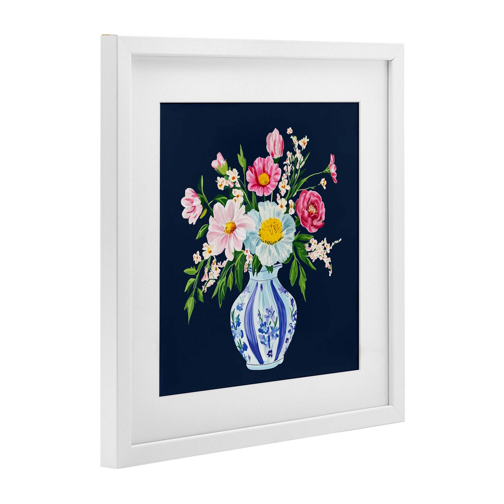 Spring Chinoiserie Vase White Framed Print Under Glass, design by Yen