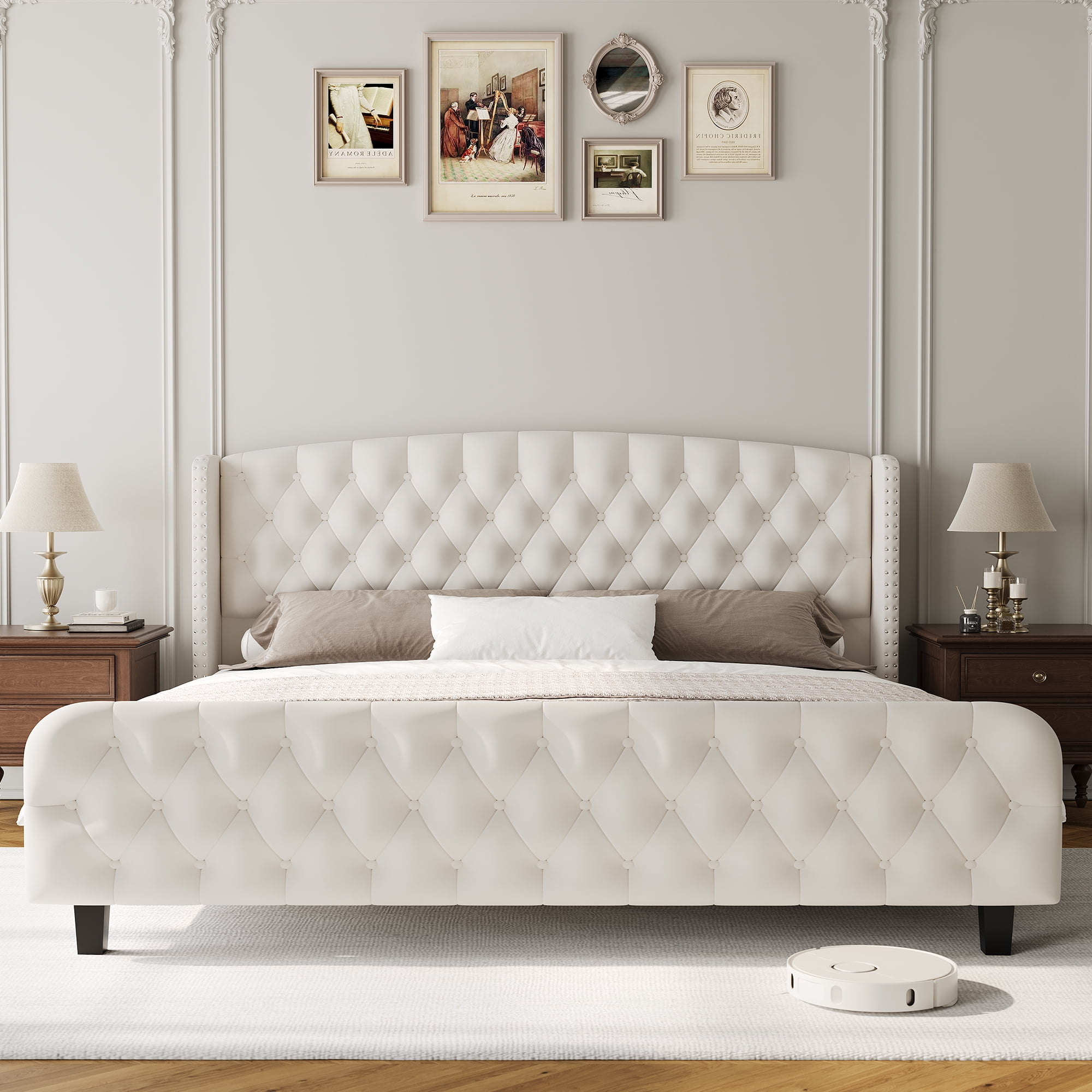 Modern Home Bedroom Queen/King Size Bed Frame 51" Tall with Velvet Upholstered Wingback Headboard & Footboard | 51-Inch Tall Deep Button Tufted Platform Bed, No Box Spring Needed
