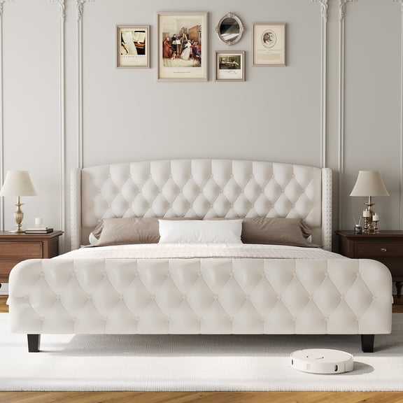 51"H Queen/King Size Platform Bed Frame - Deep Button Tufted Wingback Headboard & Footboard, Velvet Upholstery, Sturdy Wood/Metal Support, Noise-Free