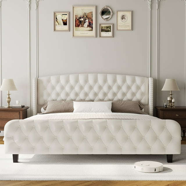 51 Inch Tall Velvet Platform Bed Frame with Button Tufted Wingback Headboard, Queen King Size Upholstered Bed with Wood Metal Support, Noise Free No Box Spring Needed, Beige Black Gray