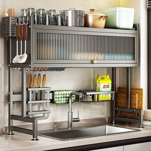 Dish Drying Rack, Large Stainless Steel Over The Sink 2 Tier Dish Rack with Cover for Kitchen (Black, Large 33.5" Length)