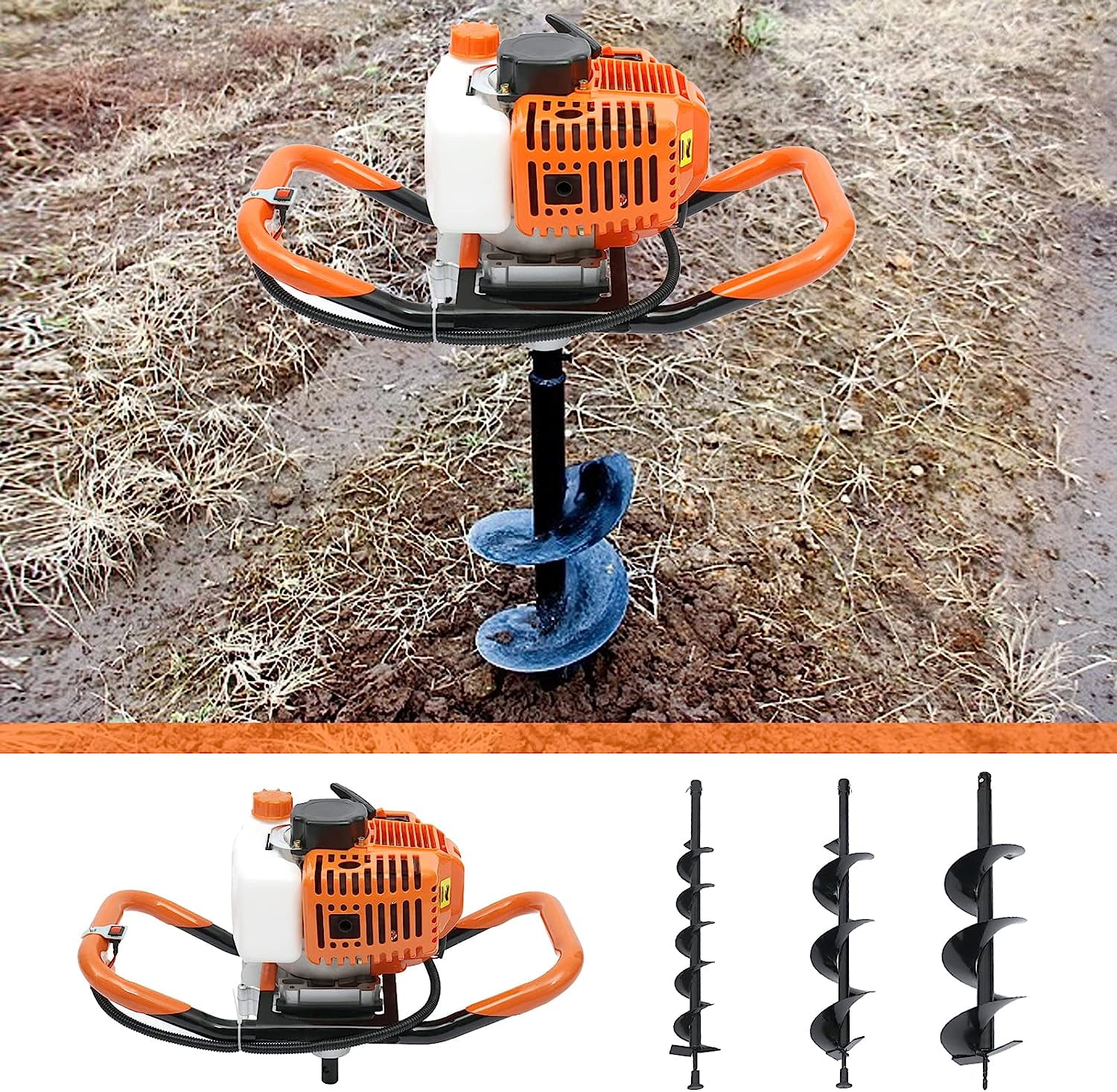 52cc 2Stroke Post Hole Digger,Petrol Gas Powered Earth Digger with 3