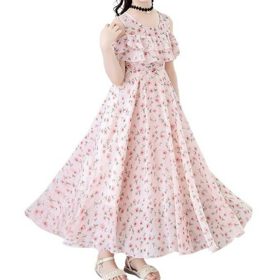 FINALGANG Girls Kids Floral Print Maxi Dress Cold Shoulder Ruffle Short Sleeve Crewneck High Waist Flared Dress For Summer Beach Vacation Pink 7-8y