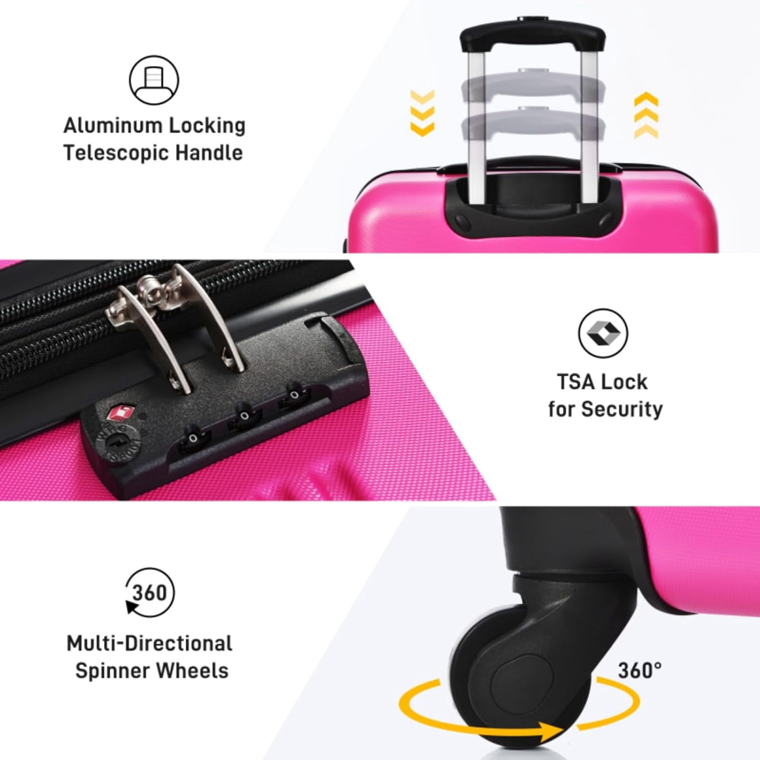 LuxyHoom Luggage Sets 4 pcs Spinner Suitcase w Travel Bag, Hard Shell Luggage with TSA Lock Lightweight, Hardshell ABS for Kids, Women, Men, Airline Approved Carry On, 16" 20" 24" 28" (Pink)