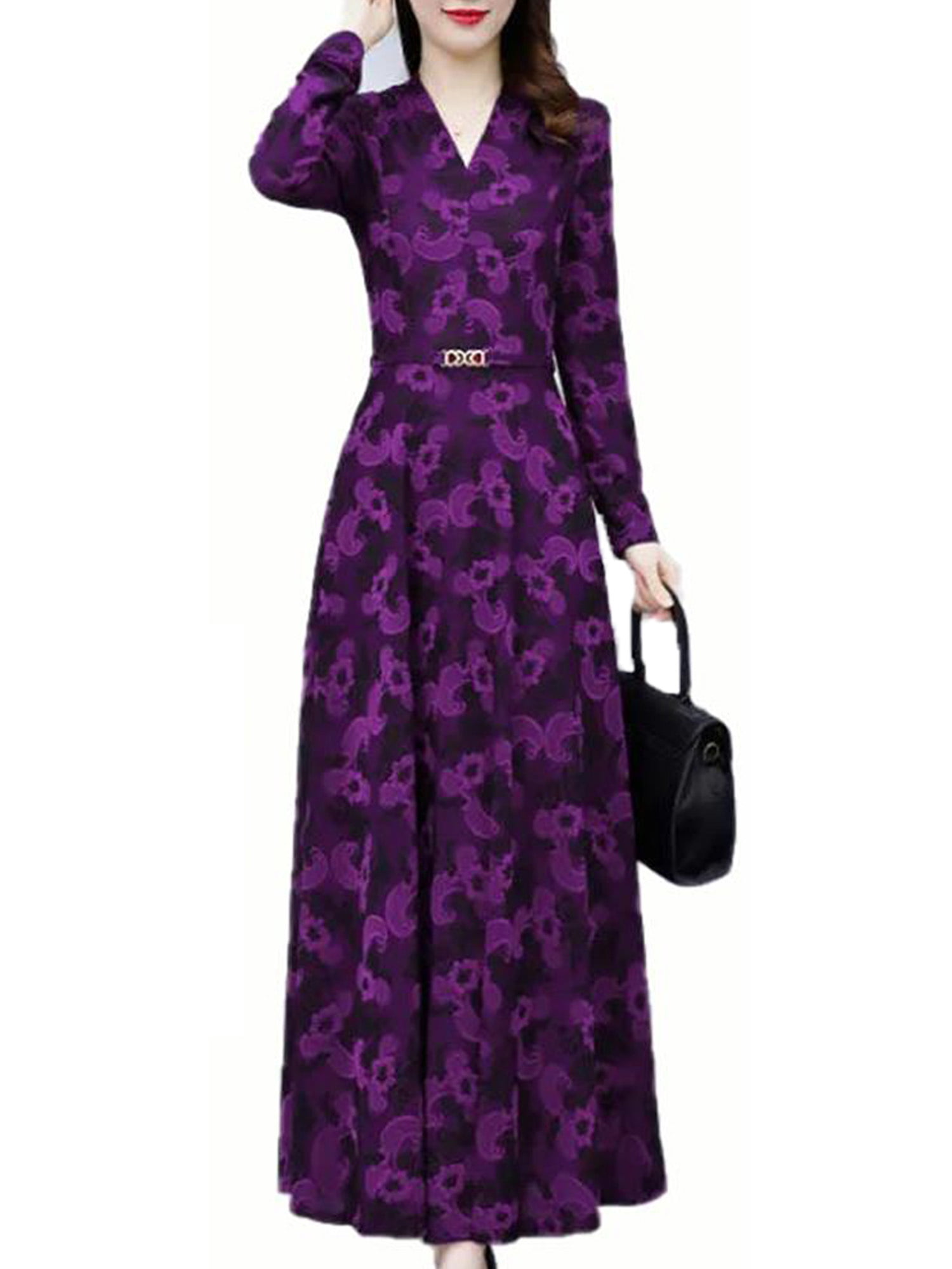UPAIRC Womens V-Neck Long Sleeve Midi A-Line Dress Ladies Retro Floral ...