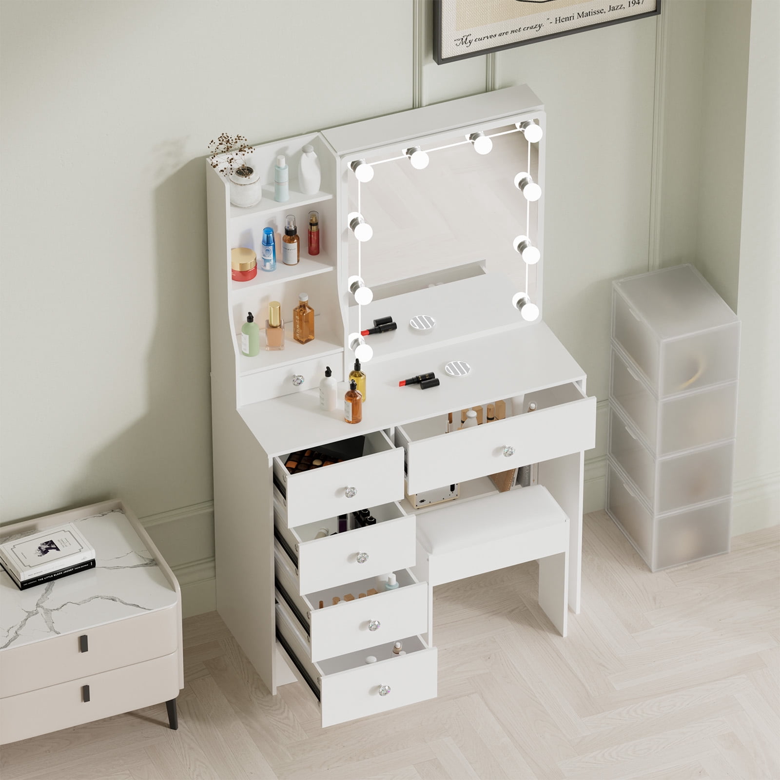 Caulitar Vanity Set with Mirror & Lights, Adjustable Brightness, Makeup Vanity with Chair and Storage, White