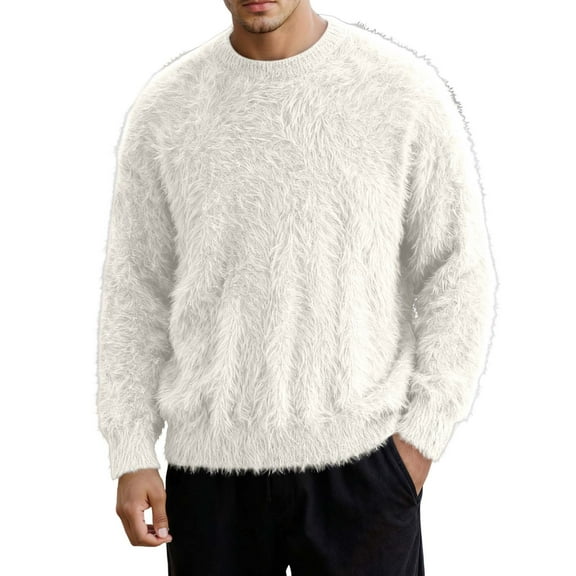 VNKIDY Men's Sweater Coat Fall Winter Oversized Solid Color Fluffy Knit Sweater Long Sleeve Crewneck Plush Thermal Relaxed Fit Jumper For Cold Weather Daily Wear Leisure Knitwear
