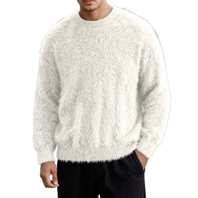 MIASHUI Men's Solid Color Soft Cozy Sweater Lazy Style Pure Knit Base Layer Long Sleeve Comfort Beige,L