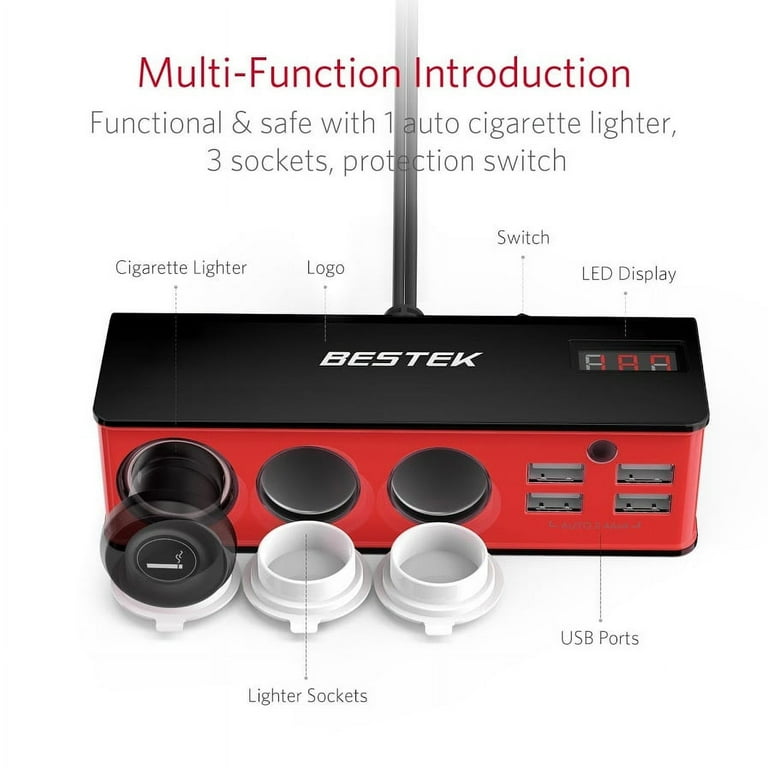 BESTEK 200W 3-Socket Cigarette Lighter Adapter,12V/24V DC Socket
