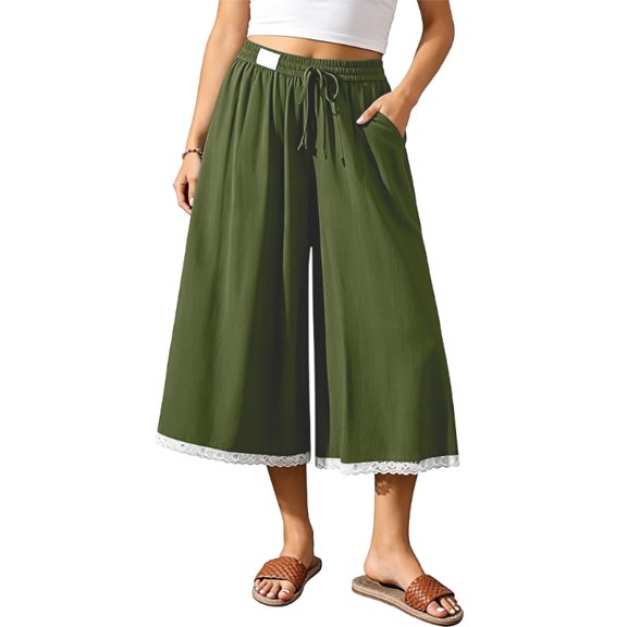 Women's Linen Culottes Wide Leg Flowy Pants Palazzo Casual Drawstring Loose Lace Capris with Pockets