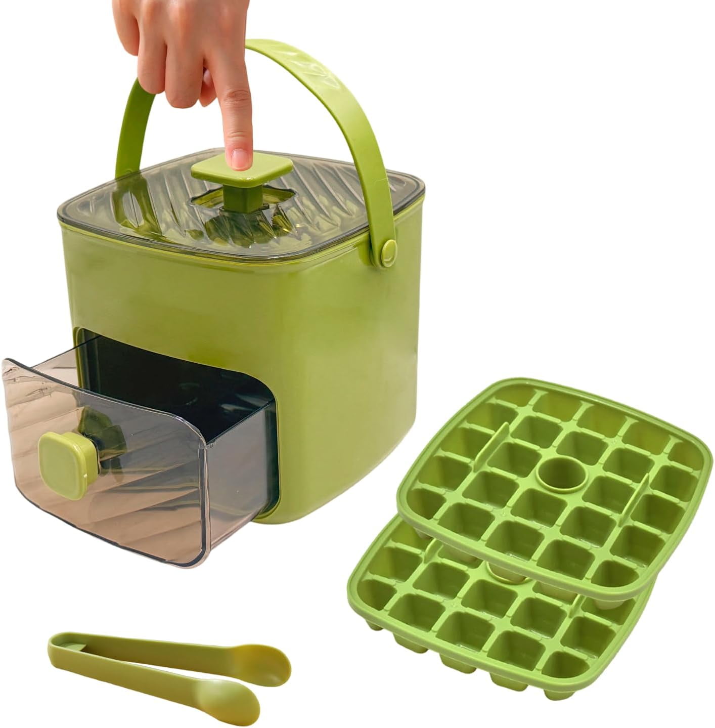 Green 48-Grid Portable Ice Maker Bucket with Ice Tray and Storage Bin, Press Release Ice Cube Mold with Ice Tong