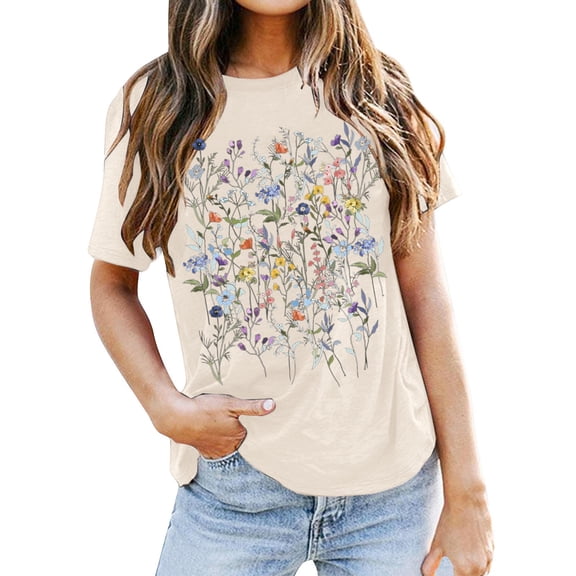 DHFJKG Graphic Tee For Women Short Sleeve T Shirt Floral Printed Round Neck Loose Fit Lightweight Summer Soft Tops