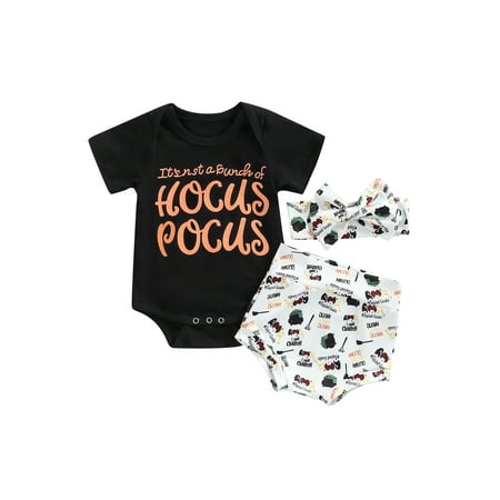 

LisenraIn 3pcs Newborn Baby Girl Halloween Outfit Letter Print Short Sleeve Romper+Witches Shorts Bloomers+Clothes Set