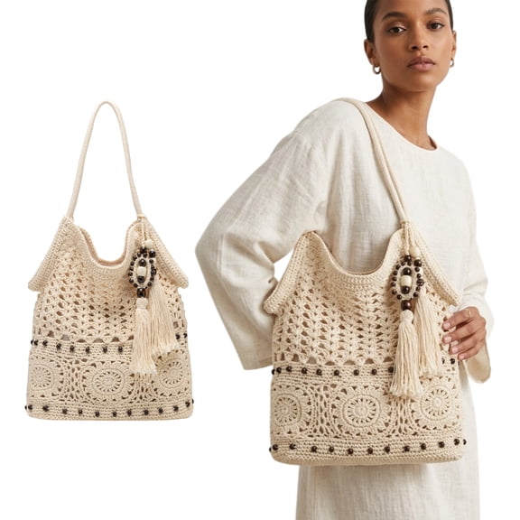 LAPTOM MAX 1 Pack Crochet Hobo Bag for Women, Boho Woven Tote Purse with Tassel, Lightweight Bohemian Shoulder Bag for Summer Beach Vacation, Beige