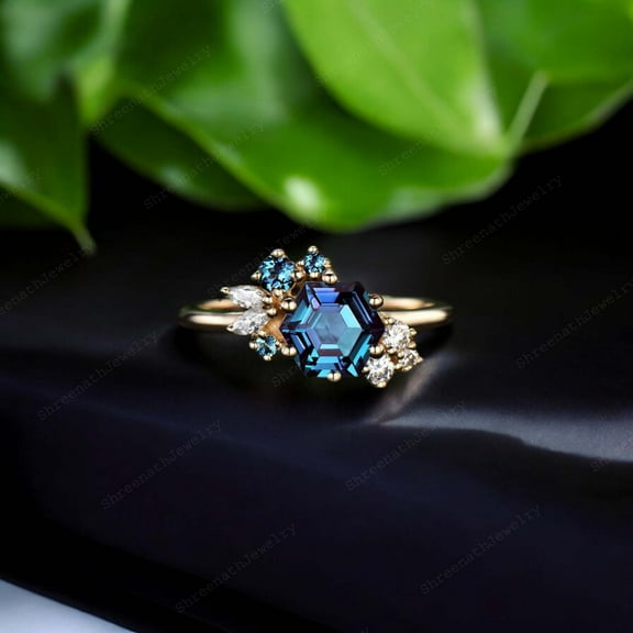 SHREENATHJEWELRY 8MM / 2CT Hexagon Alexandrite Engagement Ring CZ Diamond Cluster Wedding Jewelry Anniversary Gift For Wife