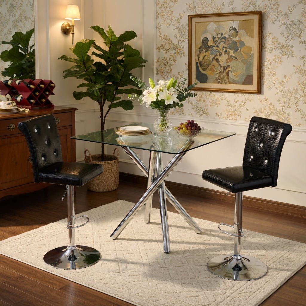 Hommoo Modern Glass Bar Table Set with 2 Adjustable Swivel Bar Stools, Chrome Metal Base, PU Leather Seating, Contemporary Counter Height Pub Table, Home Bar & Small Spaces, Black & Sliver