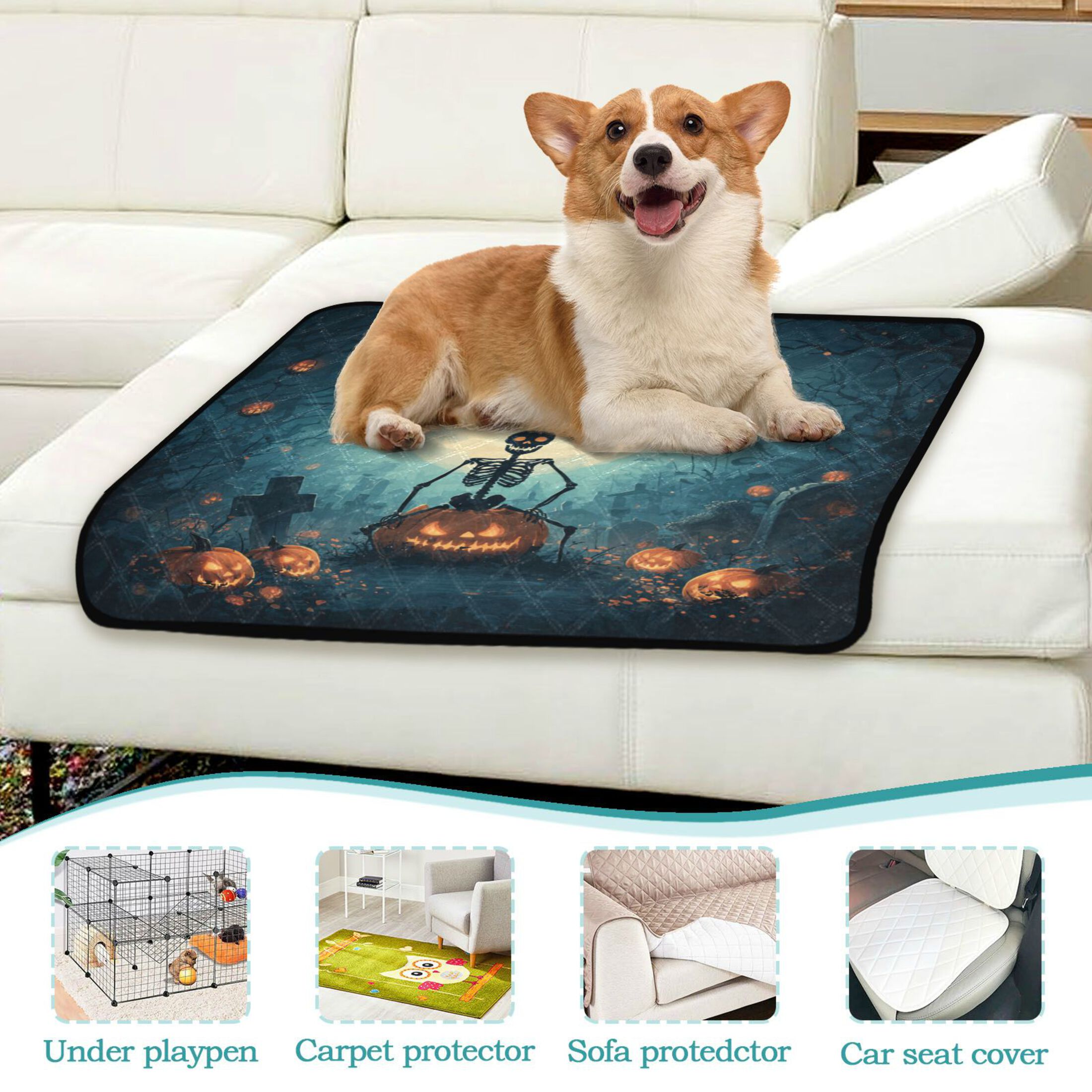 Qxltty Halloween Skull Theme Cat litter Pads Pet Set of 2 Diaper Mats Center Anti-leakage Layer Absorbent Soft and Comfortable