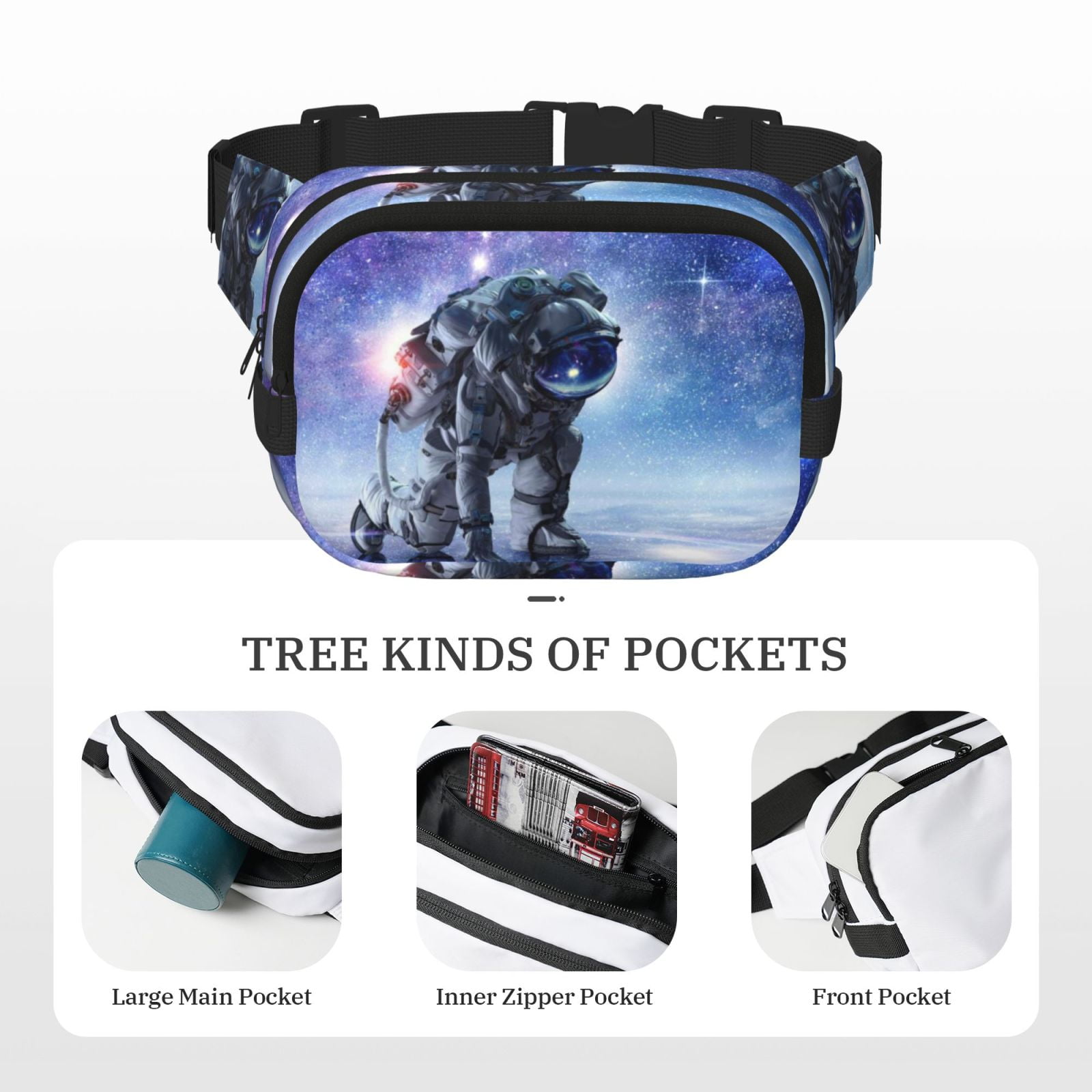 Picia Astronauts Start Running Print Square Double-Layer Waist Bag Mini Adjustable Waist Belt Bag Exercise Running Travel Hiking