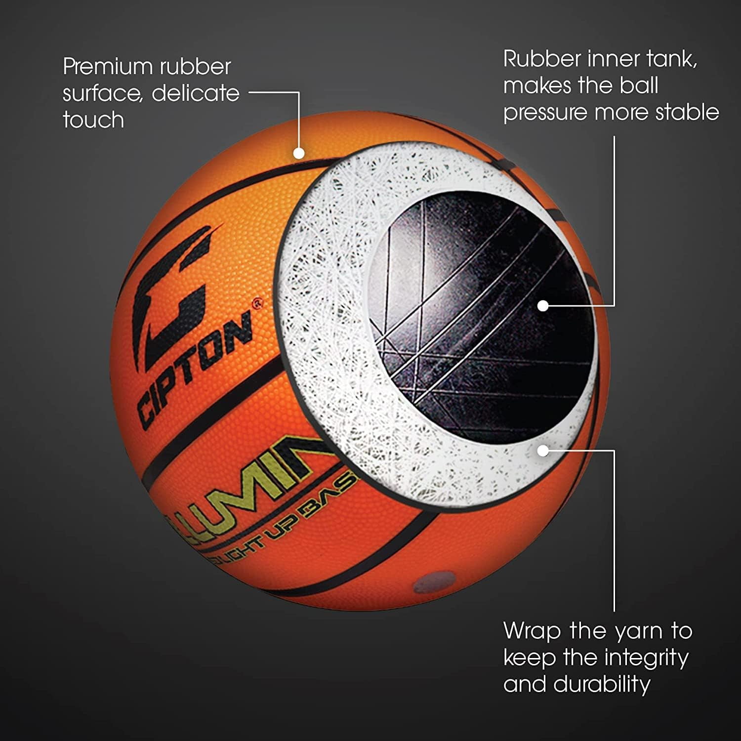 Cipton Basketball, LED Light Up Basketball, Junior Size 5 27.5" Indoor and Outdoor Basketball, Perfect for Outdoor Games, Basketball Pump Included, Premium Rubber Basketball