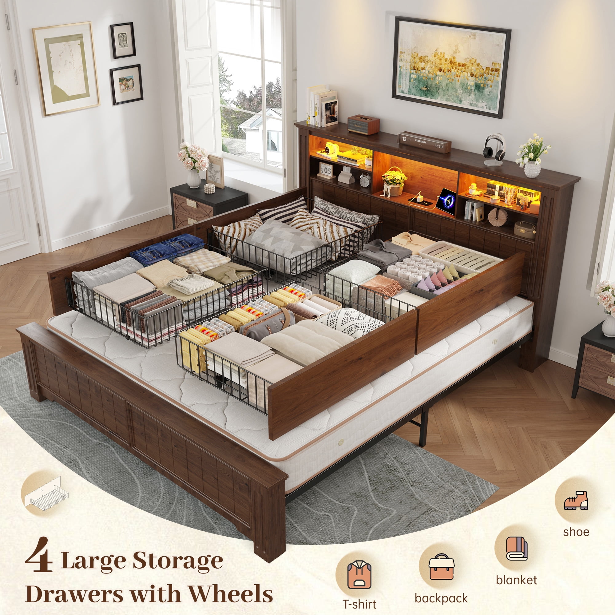 EnHomee Queen Bed Frame with Headboard Bed Frame with 4 Storage Drawers & LED Lights Platform Bed frame with Charging Station