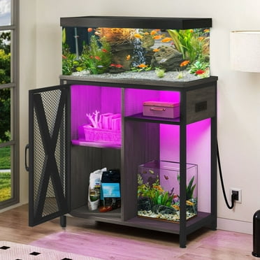 Uforic  20-30 Gallon Fish Tank Stand with Power Outlets & LED Light, Heavy Duty Metal Wood Aquarium Stand with Storage Cabinet for Turtle Tank, Reptile Terrarium, 380LBS Capacity, Gray