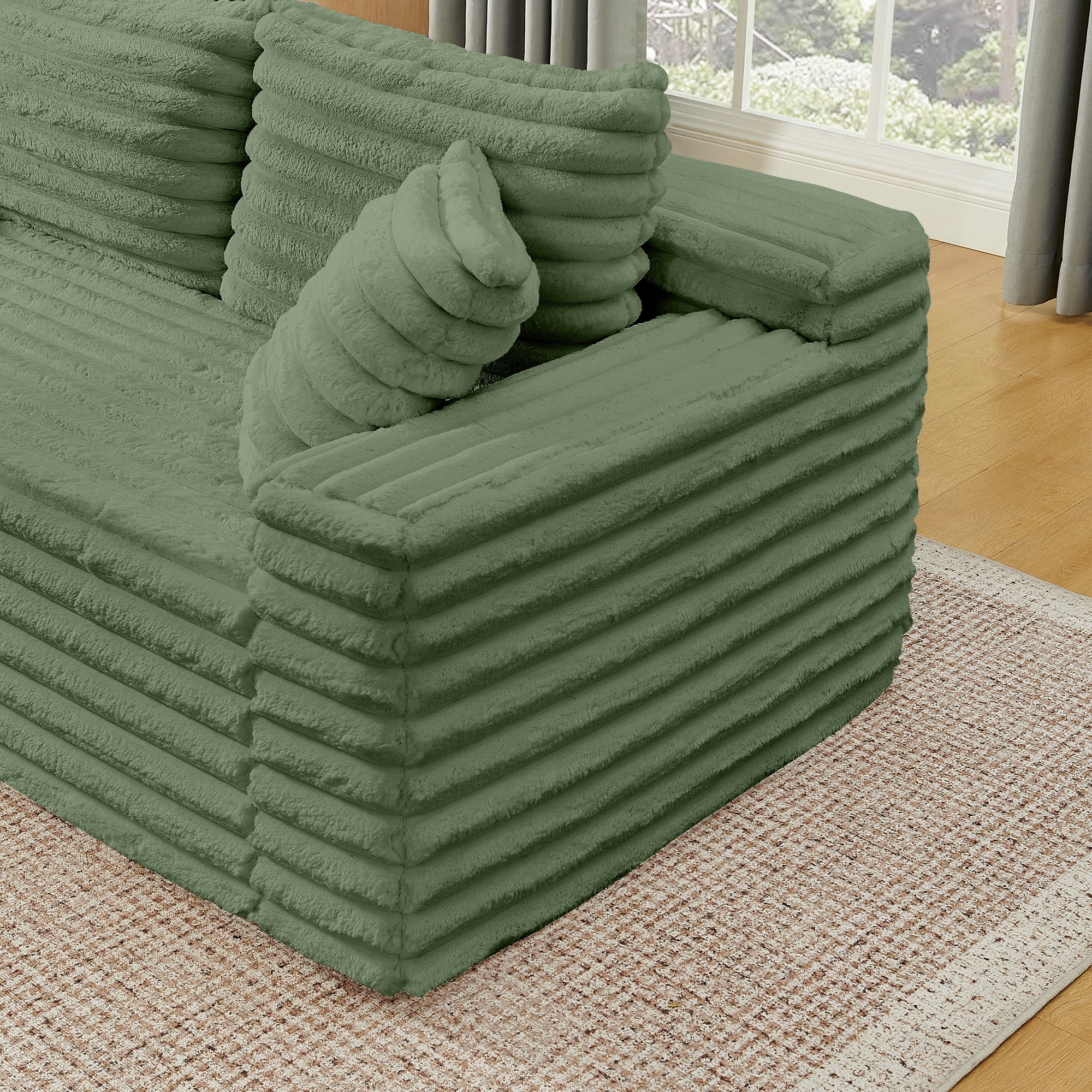 BSHTI 127" Corduroy U Shape Sectional Sofa with Console, Cup Holders, USB Port, 2 Ottomans for Living Room（Green）