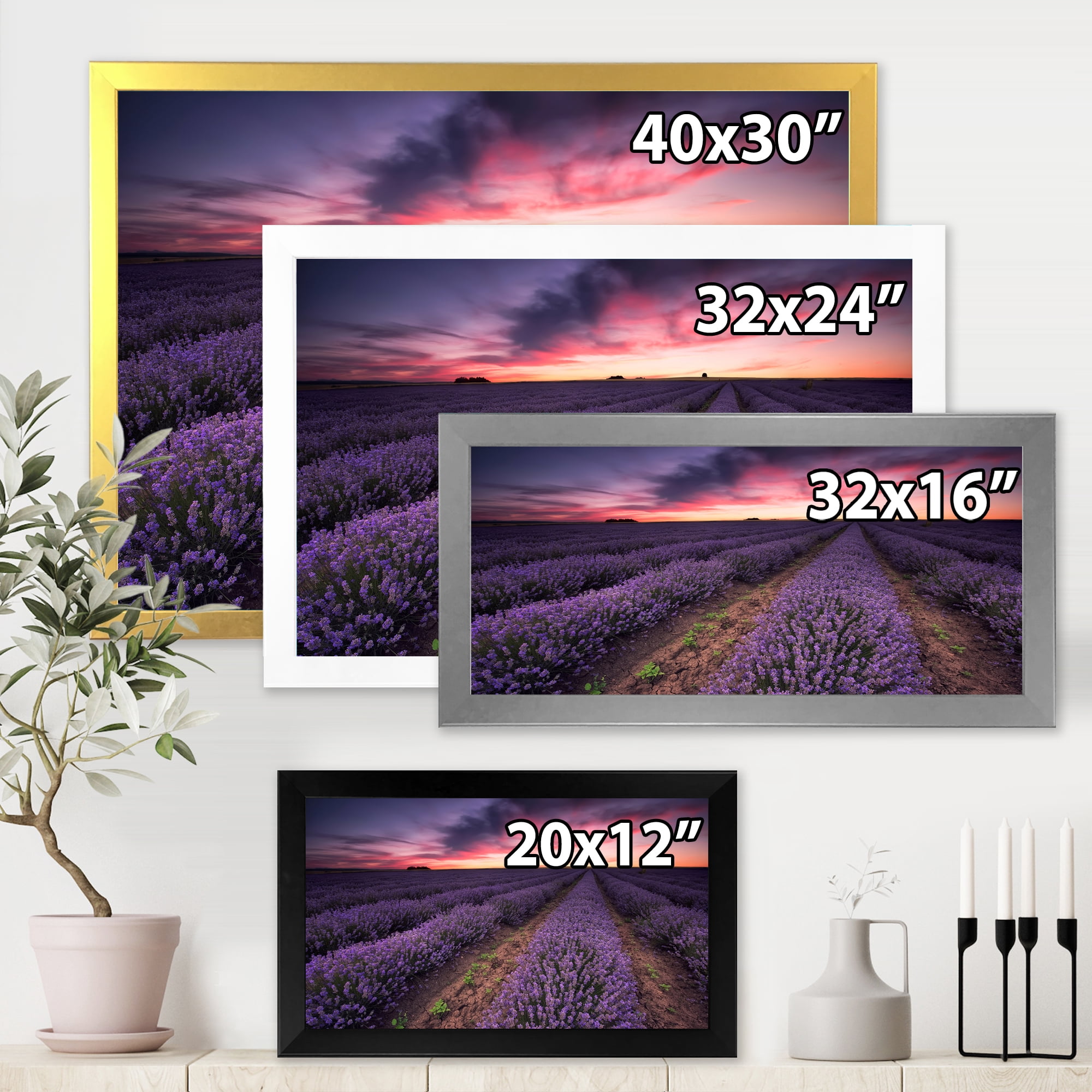 Designart 'Dramatic Clouds and Sunrise Over Lavender Field IX' Farmhouse Framed Art Print