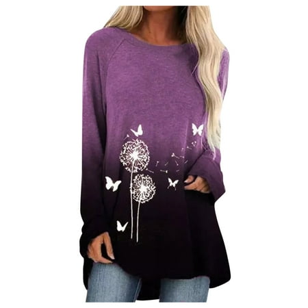 

Fashion Woman O-Neck Long Sleeve T-Shirt Autumn Printing Blouse Tops black long sleeve shirt women corset tops for women Purple XXL