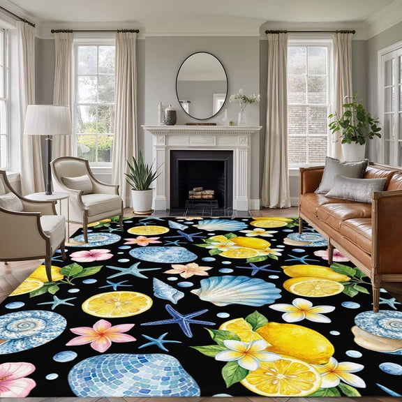 Coastal Area Rugs 8'x10', Washable Small Throw Rugs for Living Room Patio, Summer Lemon Flower Shell Starfish Black Indoor Outdoor Rug Non-Slip Low Pile Carpet Runner Reversible Floor Mats