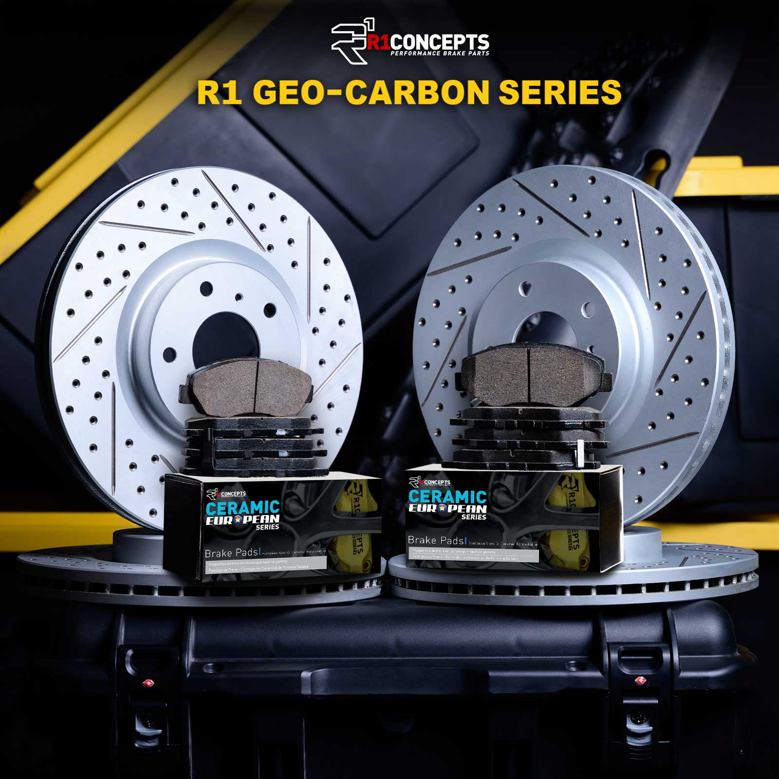 R1 Concepts Drilled and Slotted Carbon Coated Disc Brake Rotor Set with Euro Ceramic Pads WBTN2-75000
