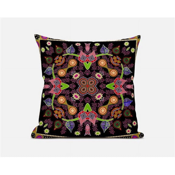 Amrita Sen Designs 26 x 26 in. Paisley Pattern Square Broadcloth Indoor & Outdoor Zippered Pillow - Black, Gold & Pink