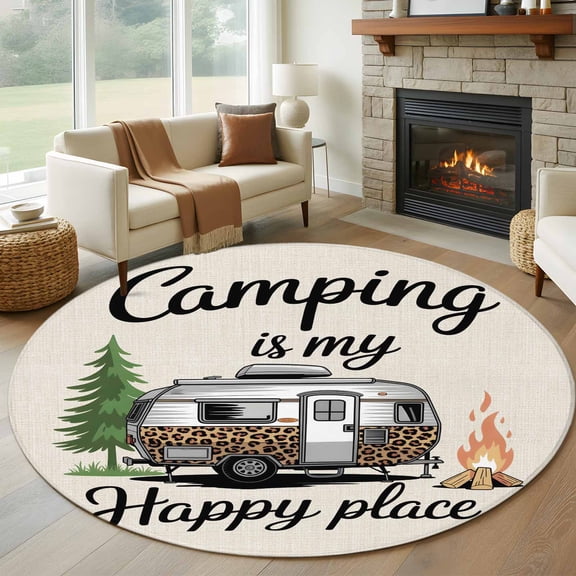 Camper Van Round Area Rug 8Ft Washable Large Circle Rugs for Living Room Dorm, Modern Vintage Camping Burlap Rustic Non-Slip Carpet Floor Mats Indoor Outdoor Carpet Runner Aesthetic Home Decor