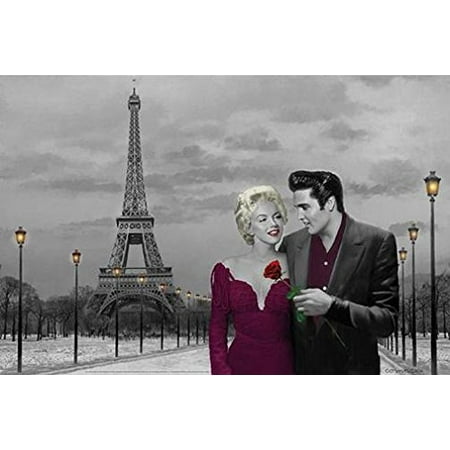 Red Eye Movie Poster - Paris France Eiffel Tower with Marilyn Monroe and Elvis Presley by Chris Consani 36x24 Art Print Poster Celebrity Movie Stars Romance Red Dress and Red Rose Icons Hollywood