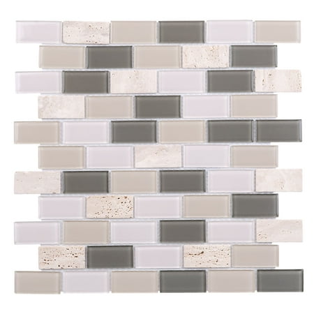 MTO0291 Brick Beige Gray White Metallic Glossy Glass Travertine Mosaic
