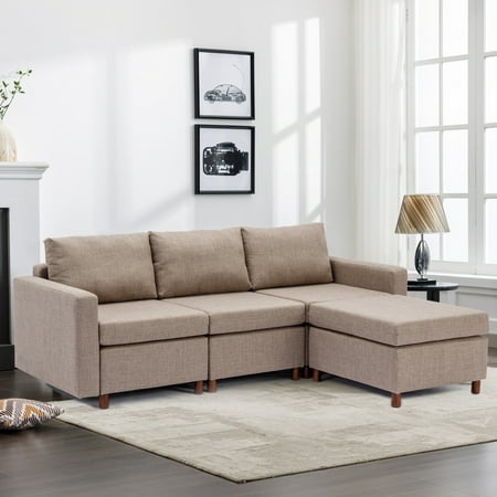 3 Seat Linen Fabric Module Sectional Sofa with 1 Ottoman, Customizable Sectional Sofa Couch, Accent ArmChair Chair with Pillow, Comfy Modular Sofa for Living Room ,Apartment, Home and Office, Brown